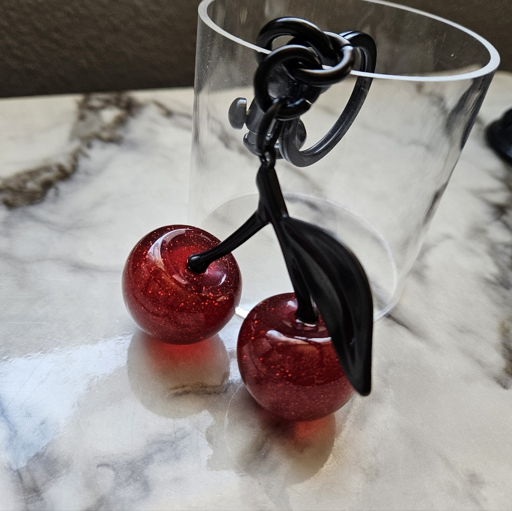 Red Cherry Bag Charm Key Chain With Gunmetal Black
